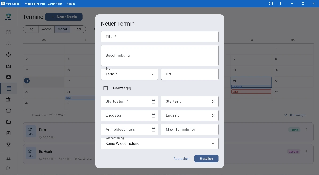 Neuen Termin erstellen: Titel, Datum, Uhrzeit, Ort