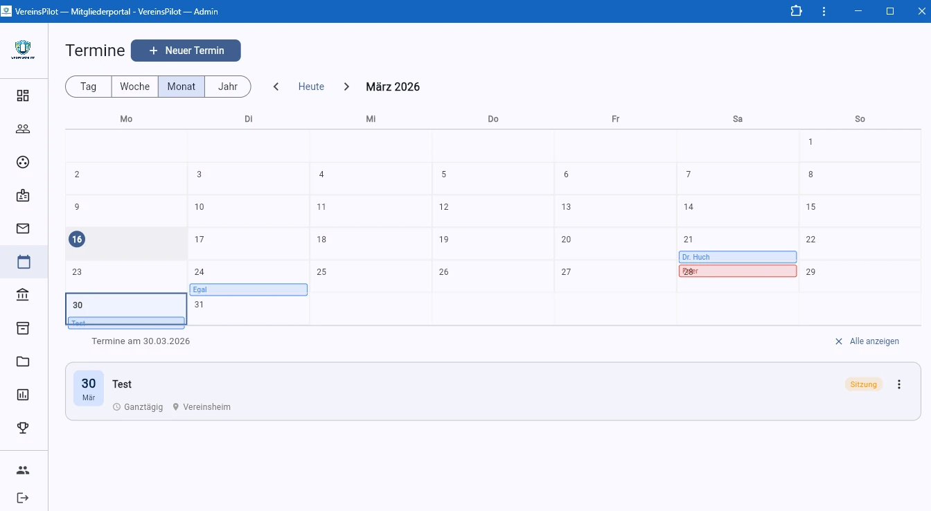 Klick auf einen Tag filtert die Terminliste