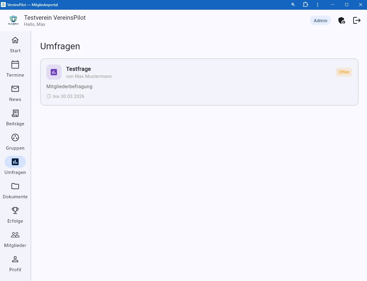 Umfrage im Mitglieder-Portal mit Status Offen
