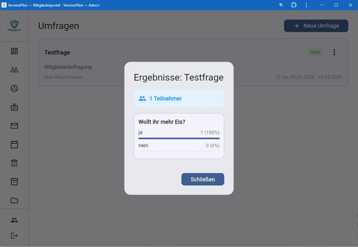Ergebnisse im Admin-Portal mit Balkendiagramm