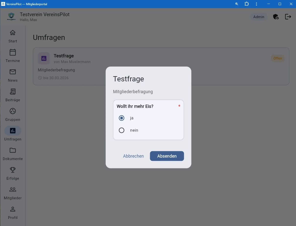 Mitglied beantwortet eine Einfachauswahl-Frage
