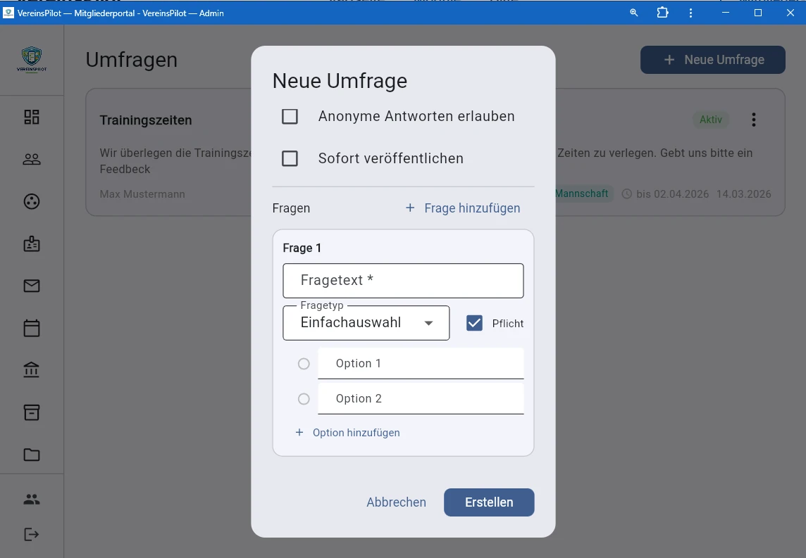 Fragen hinzuf&uuml;gen mit Fragetyp und Antwortoptionen