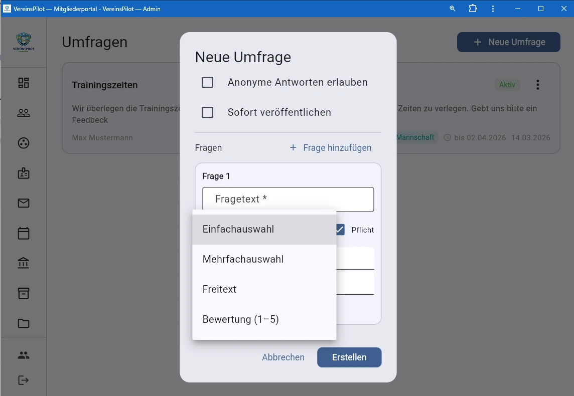 Vier Fragetypen: Einfachauswahl, Mehrfachauswahl, Freitext, Bewertung