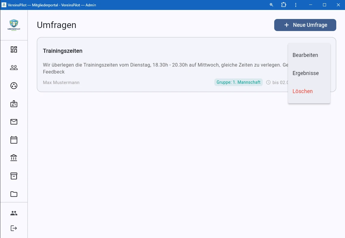 Kontextmen&uuml; mit Bearbeiten, Ergebnisse und L&ouml;schen
